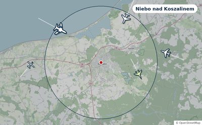 Mapa okolic miasta z sylwetkami samolotów — Niebo nad Koszalinem na żywo