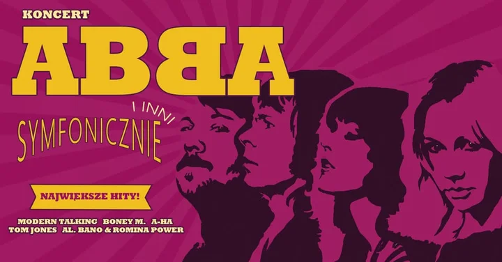 Obrazek przedstawia grafikę promocyjną wydarzenia Symfoniczne przeboje ABBA i innych legend w Koszalinie