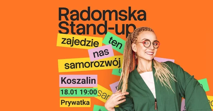 Grafika promocyjna wydarzenia Aleksandra Radomska „Zajedzie nas ten samorozwój” — stand-up w Koszalinie