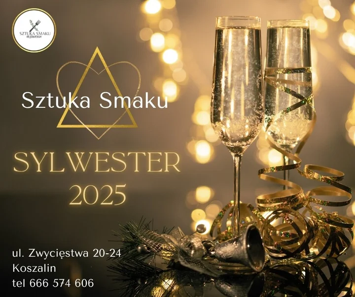 Grafika promocyjna wydarzenia Sylwester w Sztuce Smaku — bal 2025/2026 w eleganckim stylu