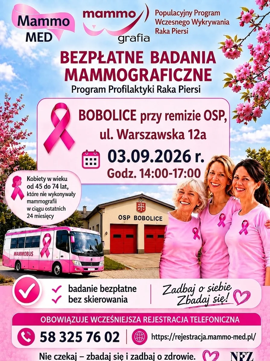 Grafika promocyjna wydarzenia Bezpłatne badania mammograficzne w Bobolicach
