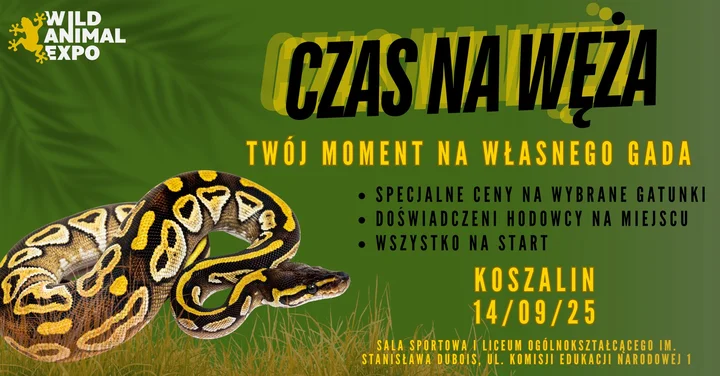 Obrazek przedstawia grafikę promocyjną wydarzenia Wystawa i sprzedaż węży w Koszalinie — kiedy i gdzie