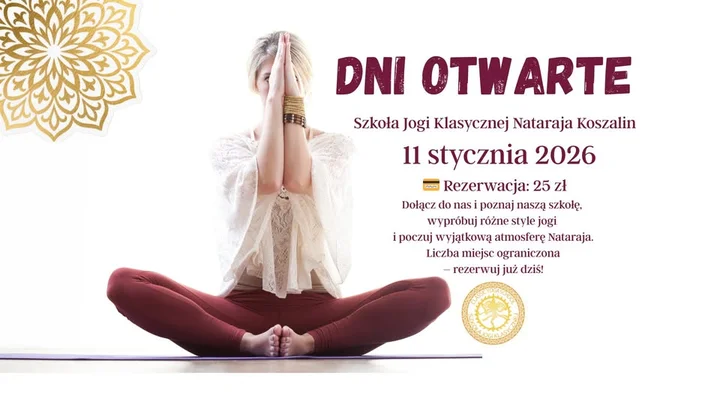 Grafika promocyjna wydarzenia Dni Otwarte – Szkoła Jogi Klasycznej Nataraja Koszalin: joga, chusty i zajęcia dla dzieci (11 stycznia)