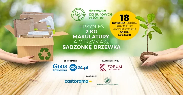 Grafika promocyjna wydarzenia Drzewko za surowce wtórne w Forum Koszalin – wymień makulaturę na sadzonkę