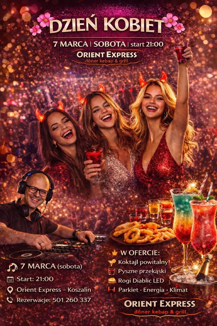 Grafika promocyjna wydarzenia Dzień Kobiet w Orient Express — taneczna noc w Koszalinie