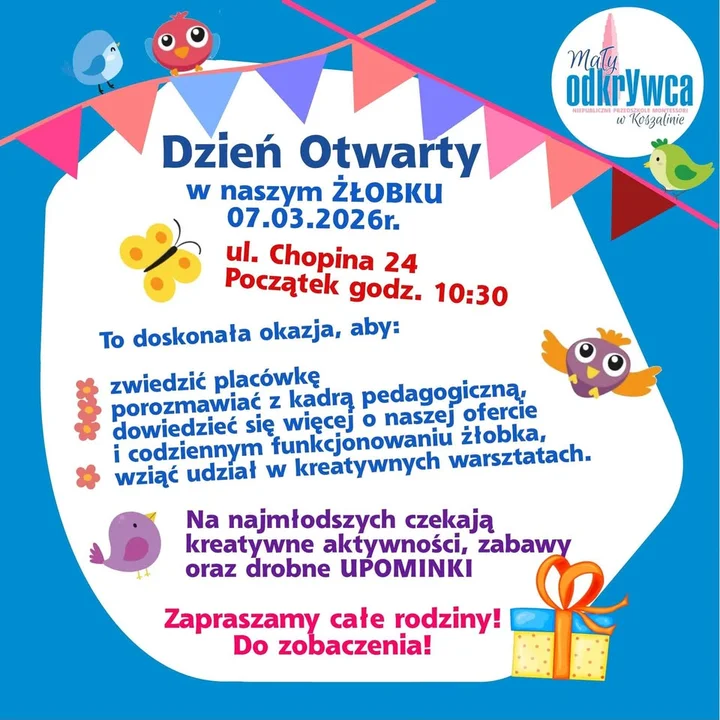 Grafika promocyjna wydarzenia Dzień Otwarty w Żłobku Montessori w Koszalinie