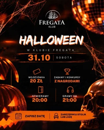 Grafika promocyjna wydarzenia Halloween w Klubie Fregata: taneczna noc