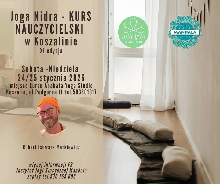 Grafika promocyjna wydarzenia Joga Nidra — Kurs Nauczycielski (Koszalin, styczeń 2026)