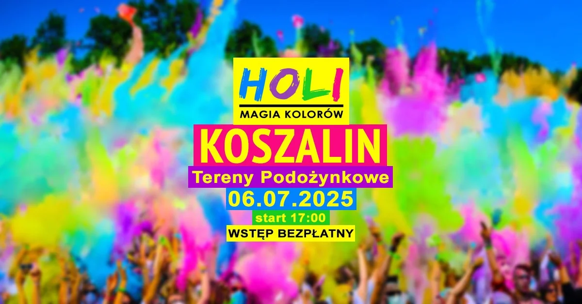 Grafika promocyjna wydarzenia Kolorowe święto Holi w Koszalinie na terenach Podożynkowych