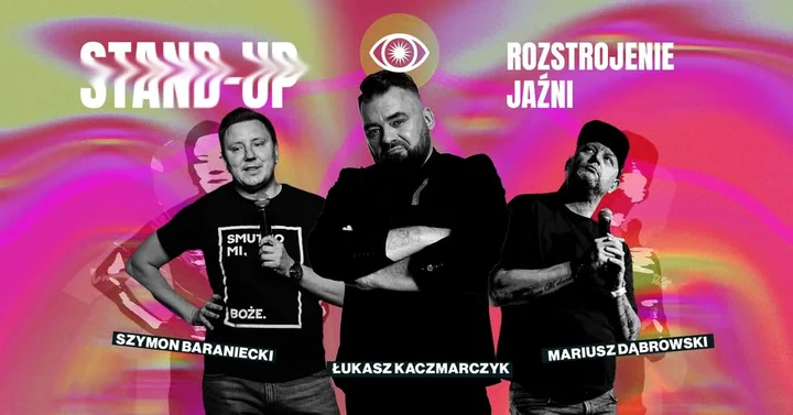 Obrazek przedstawia grafikę promocyjną wydarzenia Stand-up w Koszalinie: trzy występy komików w jednej nocy