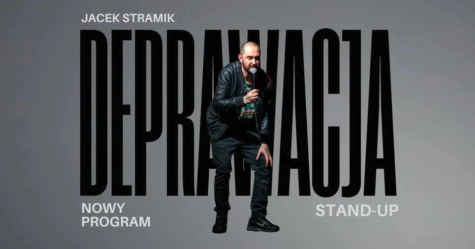 Grafika promocyjna wydarzenia Jacek Stramik w Koszalinie: program „Deprawacja” na żywo