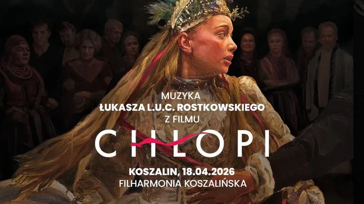 Grafika promocyjna wydarzenia Muzyka z filmu „Chłopi” — koncert multimedialny z animowanym malarstwem w Koszalinie