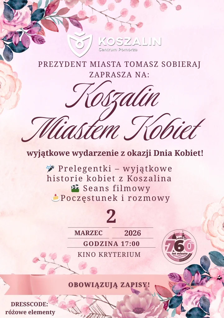 Grafika promocyjna wydarzenia Koszalin Miastem Kobiet — spotkanie i seans w Kinie Kryterium