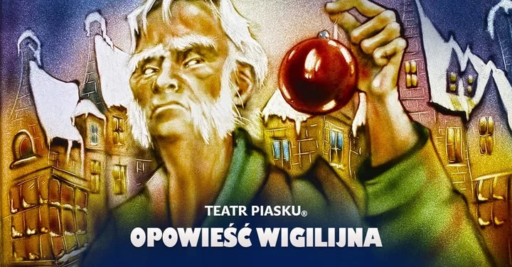 Obrazek przedstawia grafikę promocyjną wydarzenia Spektakl piaskowy: „Opowieść Wigilijna” w Koszalinie