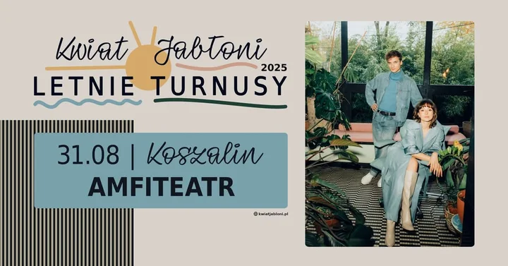 Obrazek przedstawia grafikę promocyjną wydarzenia Kwiat Jabłoni w Koszalinie — koncert letni w amfiteatrze