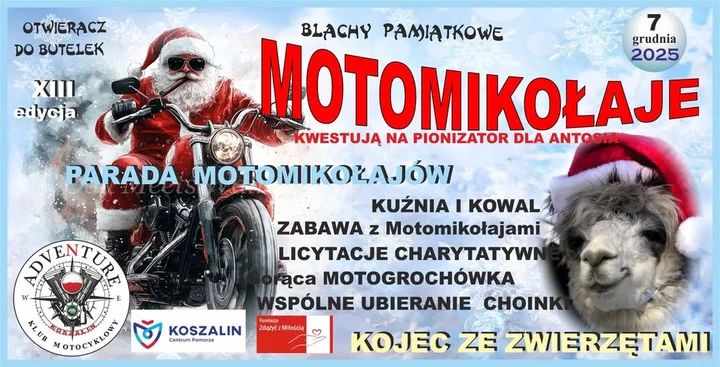 Grafika promocyjna wydarzenia MOTOMIKOŁAJE 2025 — rodzinne popołudnie charytatywne w Koszalinie