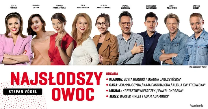Obrazek przedstawia grafikę promocyjną wydarzenia Komediowy spektakl „Najsłodszy owoc” w Koszalinie – premiera teatralna na Dzień Nauczyciela