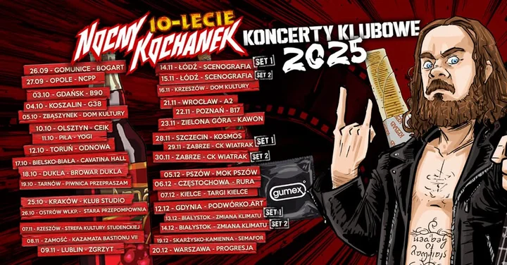 Obrazek przedstawia grafikę promocyjną wydarzenia Koncert Nocny Kochanek w Koszalinie — klubowa odsłona trasy jubileuszowej