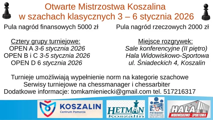Grafika promocyjna wydarzenia Otwarte Mistrzostwa Koszalina w szachach klasycznych 2026