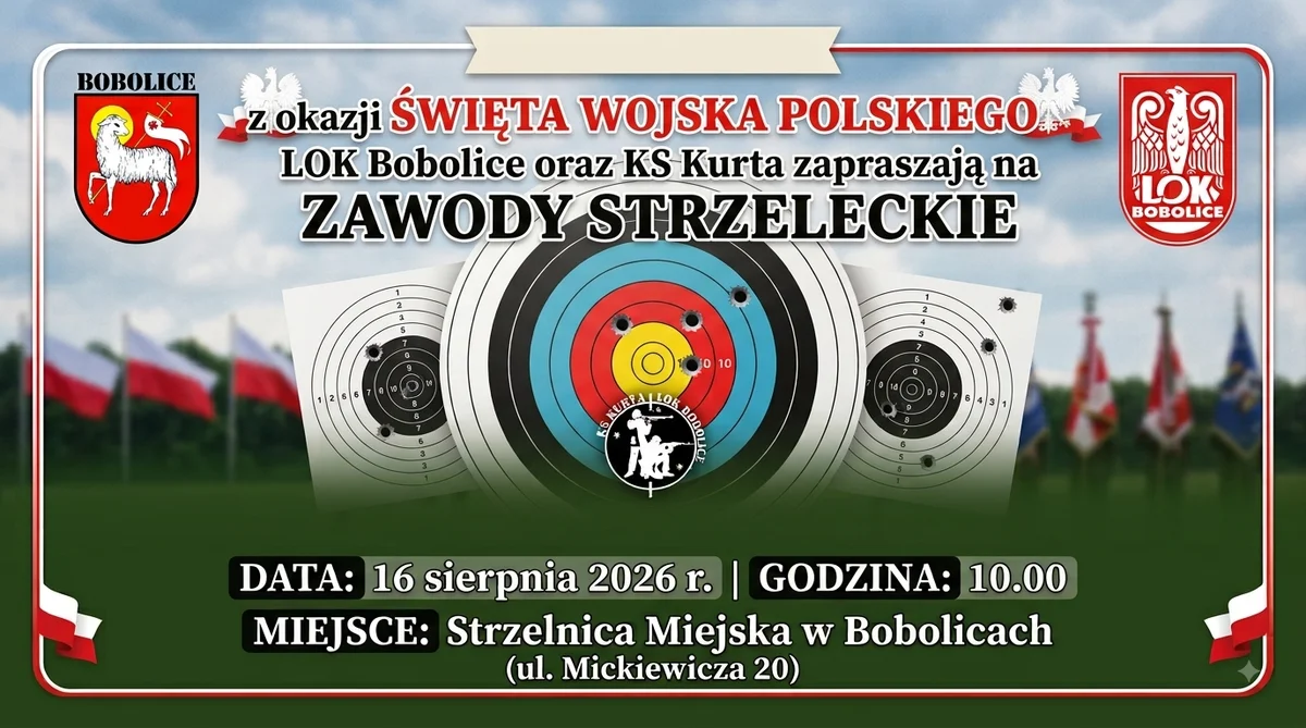 Grafika promocyjna wydarzenia Otwarte Zawody Strzeleckie z okazji Święta Wojska Polskiego