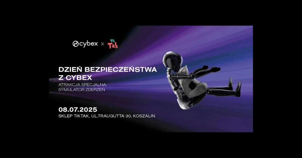 Grafika promocyjna wydarzenia Pokaz symulatora zderzeń i porady dotyczące fotelików dziecięcych w TikTak Koszalin