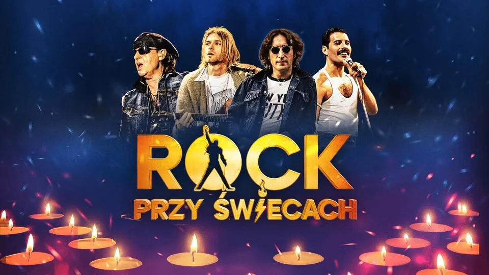 Grafika promocyjna wydarzenia ROCK przy świecach w Koszalinie – rockowe hity w Filharmonii Koszalińskiej