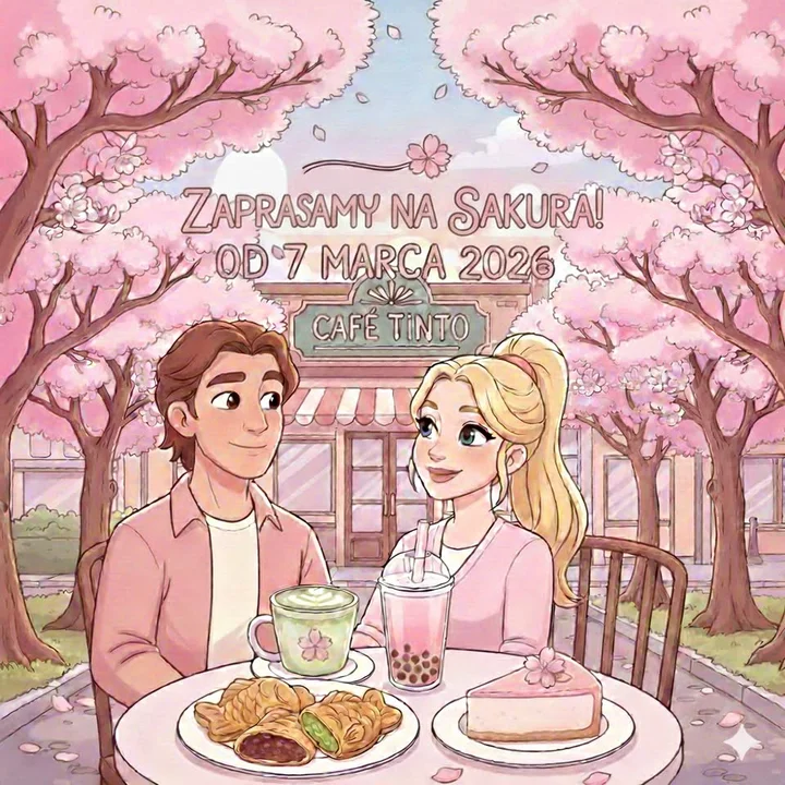 Grafika promocyjna wydarzenia Sakura w Tinto — kwitnąca kawiarnia i japońskie smaki (7 marca, Koszalin)