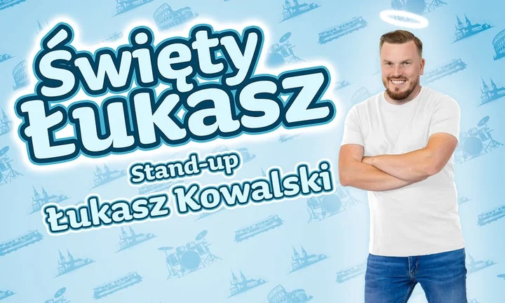 Obrazek przedstawia grafikę promocyjną wydarzenia Stand-up Łukasza Kowalskiego w Koszalinie — program Święty Łukasz
