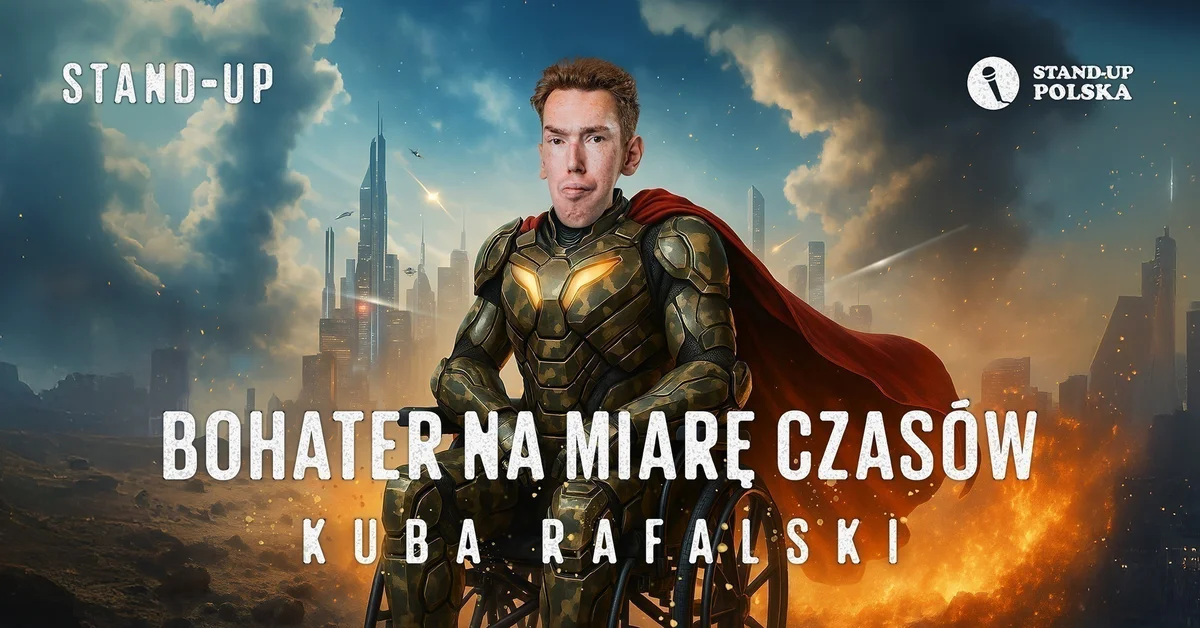 Grafika promocyjna wydarzenia Stand-up: Kuba Rafalski – Bohater na miarę czasów w Koszalinie