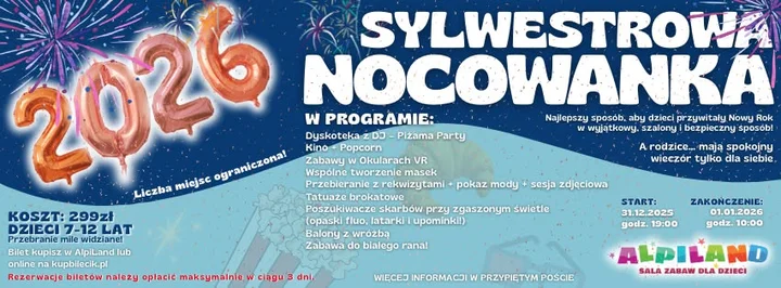 Grafika promocyjna wydarzenia Sylwestrowa Zabawa z Nocowanką w AlpiLand — noc dla dzieci (7–12 lat)