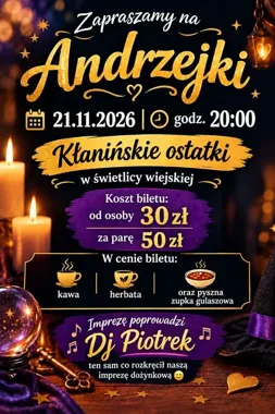 Grafika promocyjna wydarzenia Andrzejki w Kłaninie