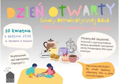 Grafika promocyjna wydarzenia Dzień Otwarty w Szkole Demokratycznej Baza w Koszalinie
