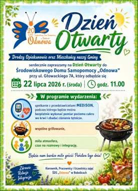 Grafika promocyjna wydarzenia Dwadzieścia lat razem. ŚDS „Odnowa” zaprasza na dzień pełen spotkań