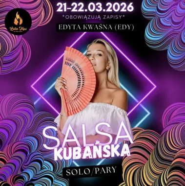 Obrazek przedstawia grafikę promocyjną wydarzenia Szkolenie salsy kubańskiej z Edytą Kwaśną w Koszalinie
