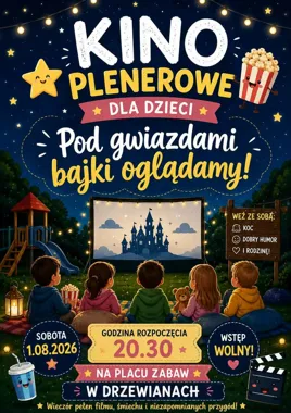 Grafika promocyjna wydarzenia Kino Plenerowe pod chmurką dla dzieci w Drzewianach