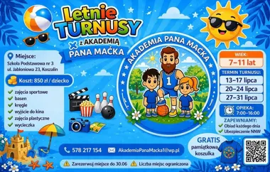 Grafika promocyjna wydarzenia Półkolonie Akademii Pana Maćka dla dzieci 7–11 lat w Koszalinie