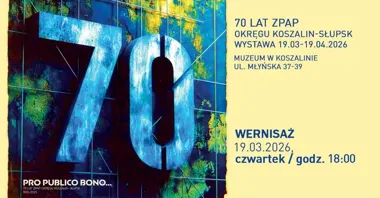 Grafika promocyjna wydarzenia PRO PUBLICO BONO — 70 lat ZPAP Okręg Koszalin‑Słupsk (1955–2025) — wernisaż