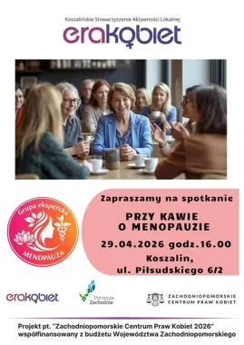 Grafika promocyjna wydarzenia Przy Kawie o Menopauzie w Koszalinie – spotkanie dla kobiet