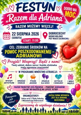 Grafika promocyjna wydarzenia Razem dla Adriana – festyn charytatywny w Dobrociechach
