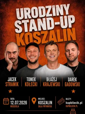 Grafika promocyjna wydarzenia Urodziny Stand-up Koszalin w Prywatce – Krajewski, Gadowski, Kołecki i Stramik na jednej scenie