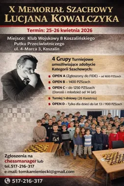 Grafika promocyjna wydarzenia X Memoriał Szachowy Lucjana Kowalczyka w Koszalinie