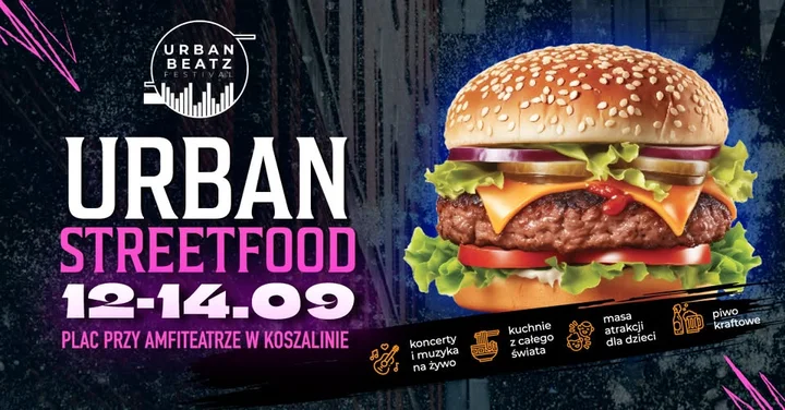 Obrazek przedstawia grafikę promocyjną wydarzenia Festiwal foodtrucków w Amfiteatrze w Koszalinie
