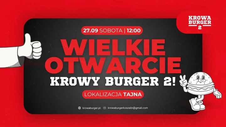 Obrazek przedstawia grafikę promocyjną wydarzenia Otwarcie Krowa Burger 2.0 w Koszalinie — data i atrakcje