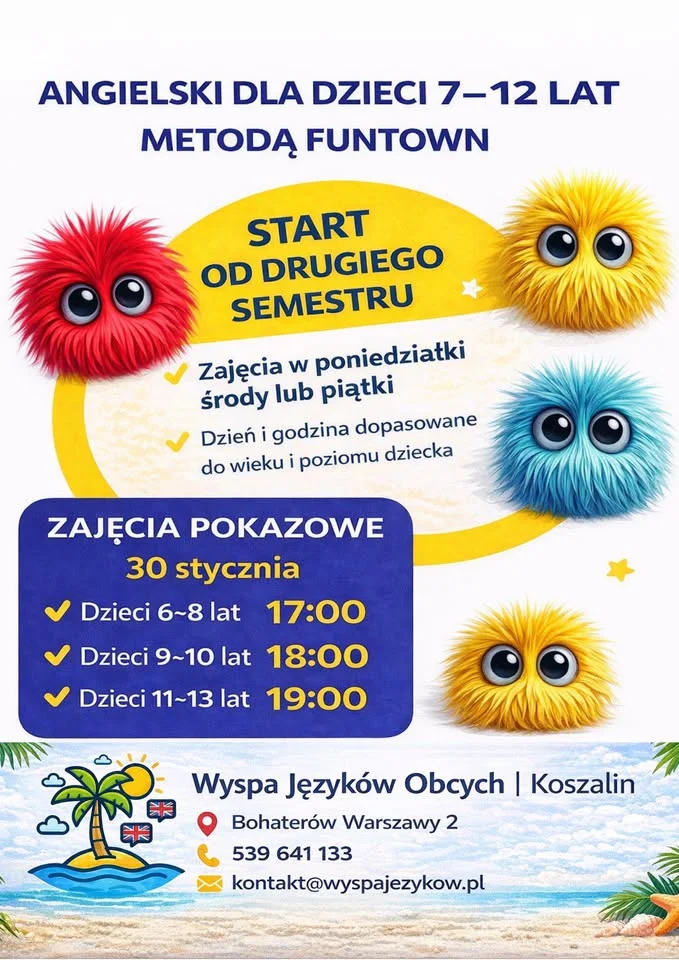 Grafika promocyjna wydarzenia Zajęcia pokazowe Wyspa Języków Obcych — angielski dla dzieci 7–12 lat