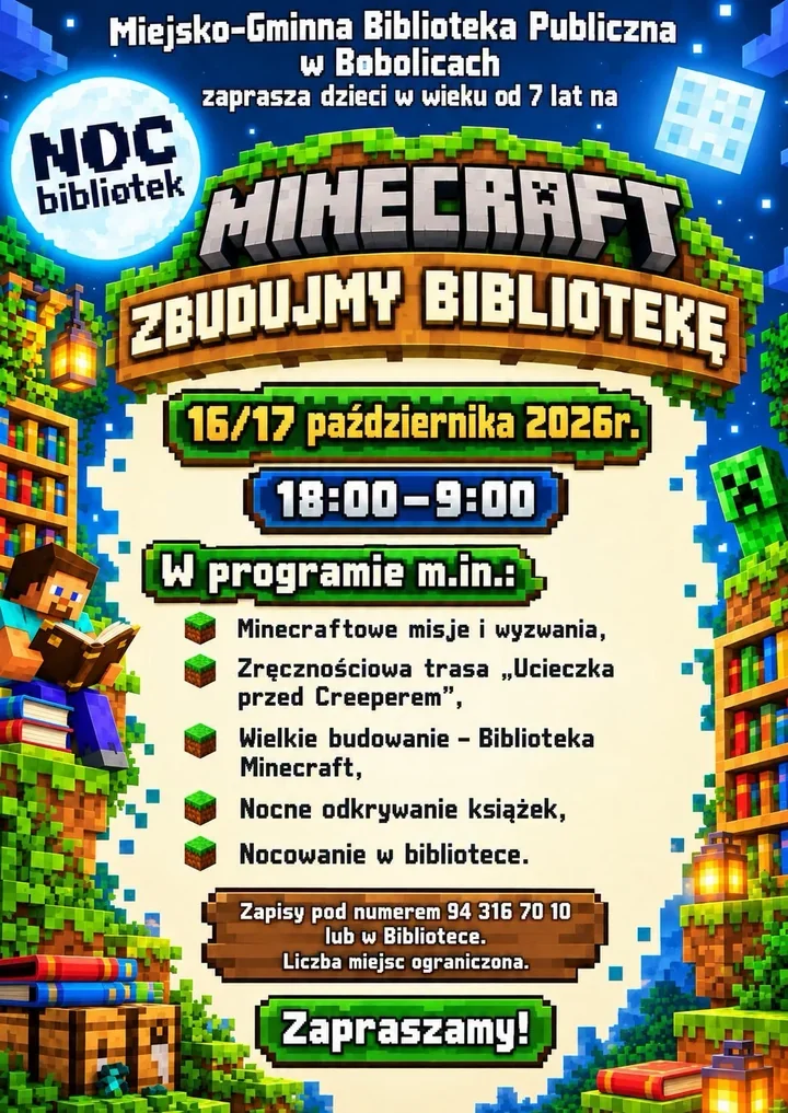 Noc w bibliotece z Creeperem w tle. Dzieci zbudują własny świat Minecrafta