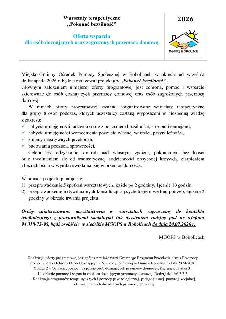 W Bobolicach szykują wsparcie po przemocy. Będą warsztaty i konsultacje