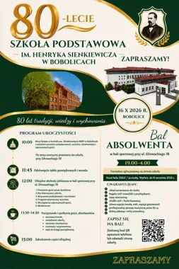 Grafika promocyjna wydarzenia 80-lecie Szkoły Podstawowej im. Henryka Sienkiewicza w Bobolicach