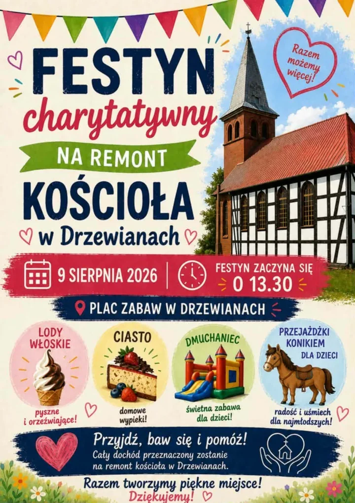 Festyn w Drzewianach połączy rodzinną zabawę ze wsparciem remontu kościoła